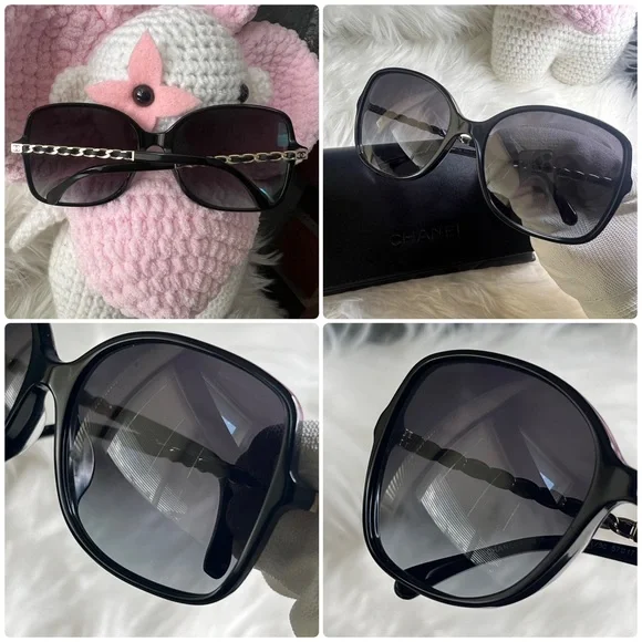 CHANEL CC Logo Lambskin Square Chain Sunglasses in Black